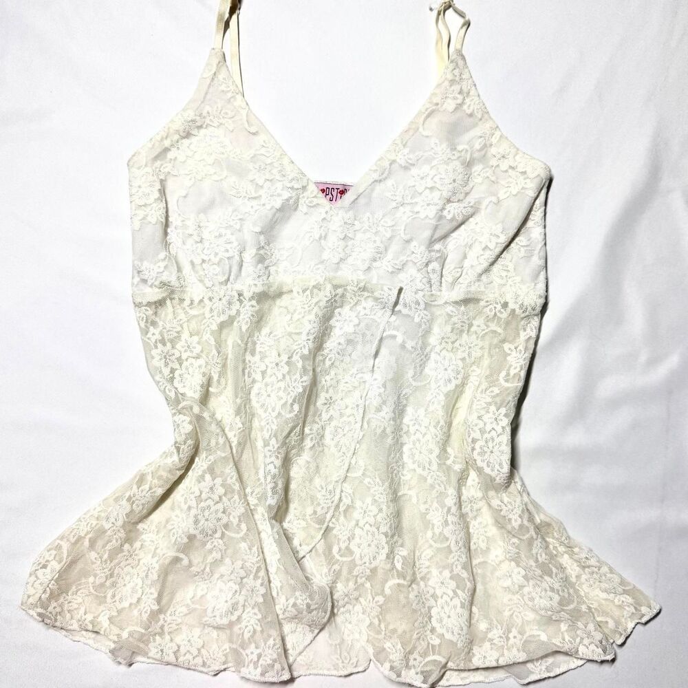 Vintage Y2K Lipstick Ivory/Cream Floral Lace Split Front Babydoll Cami